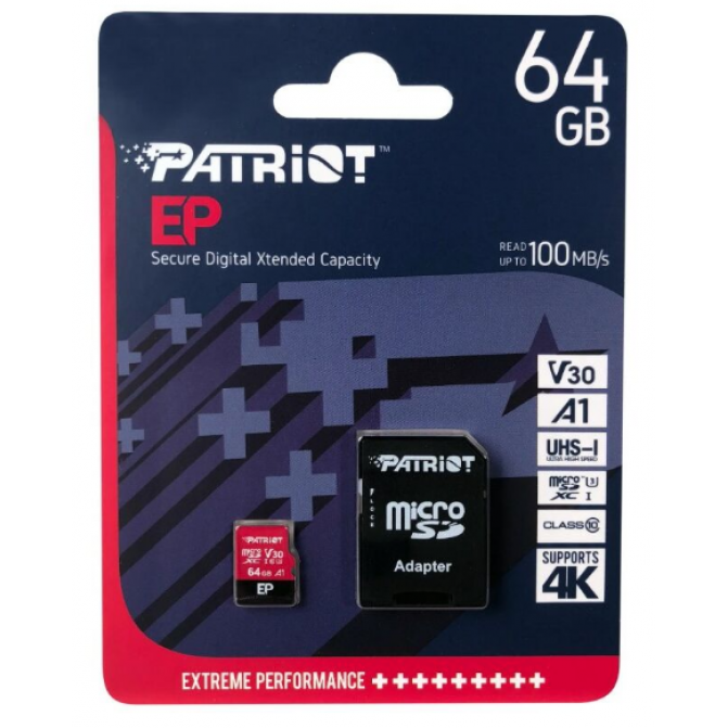 Карта памяти 64GB microSD Class10 UHS-I A1 (V30) + SD adapter  Patriot LX Series microSD, Read: 90Mb/s, Write: 80Mb/s