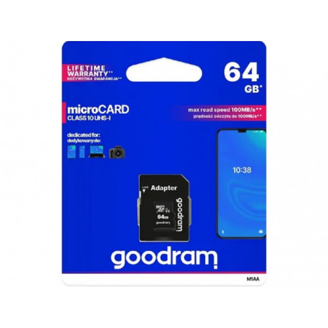 Card de Memorie 64GB microSD Class10 U1 UHS-I + SD adapter  Goodram M1AA, 600x, Up to: 90MB/s