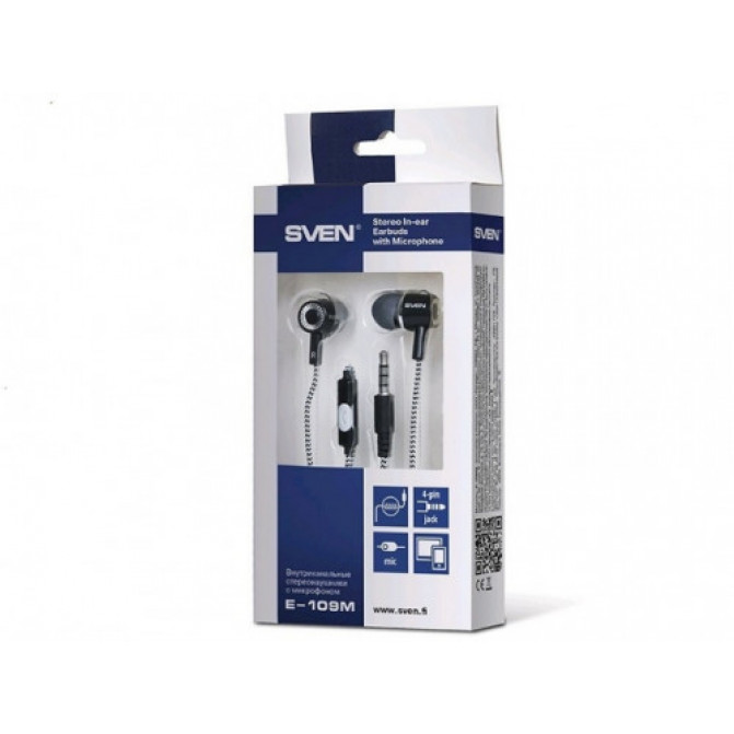 Căști SVEN E-109M Black, cu microfon 4pin 3.5mm mini-jack, cable 1.2m