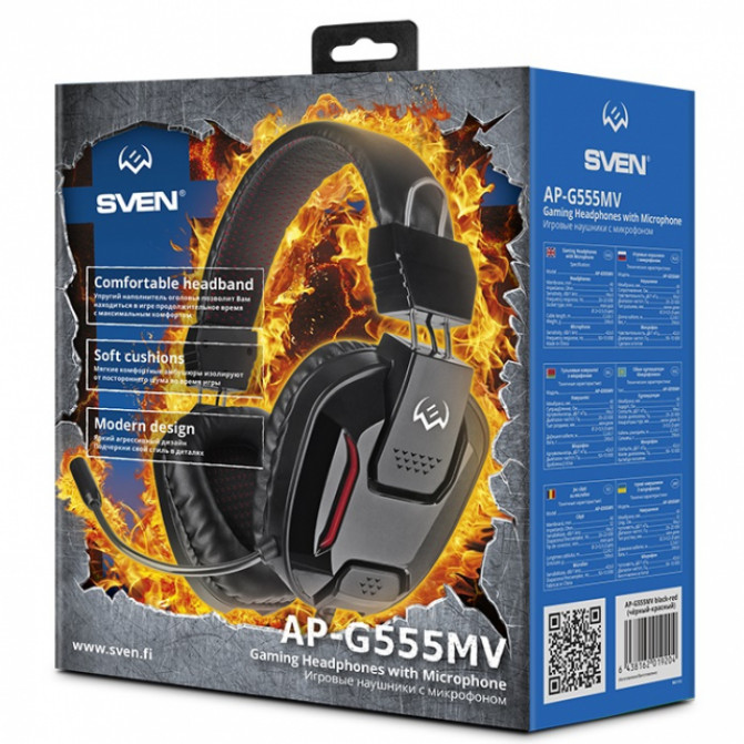 Наушники SVEN AP-G555MV, игровые с микрофоном и регулятором громкости, 2.2m,  Black/Red