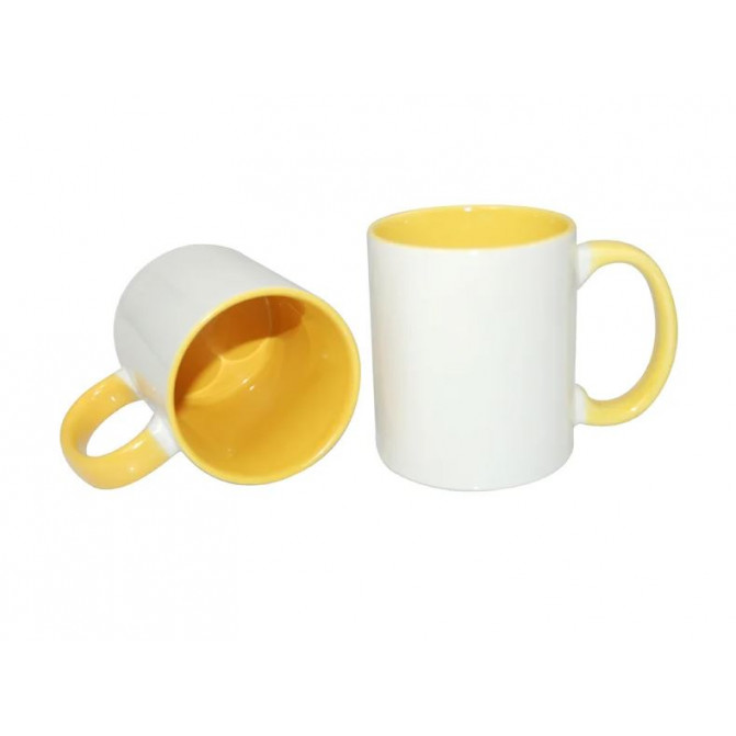 Cană albă  pentru sublimare сu interior și mâner galben 11oz