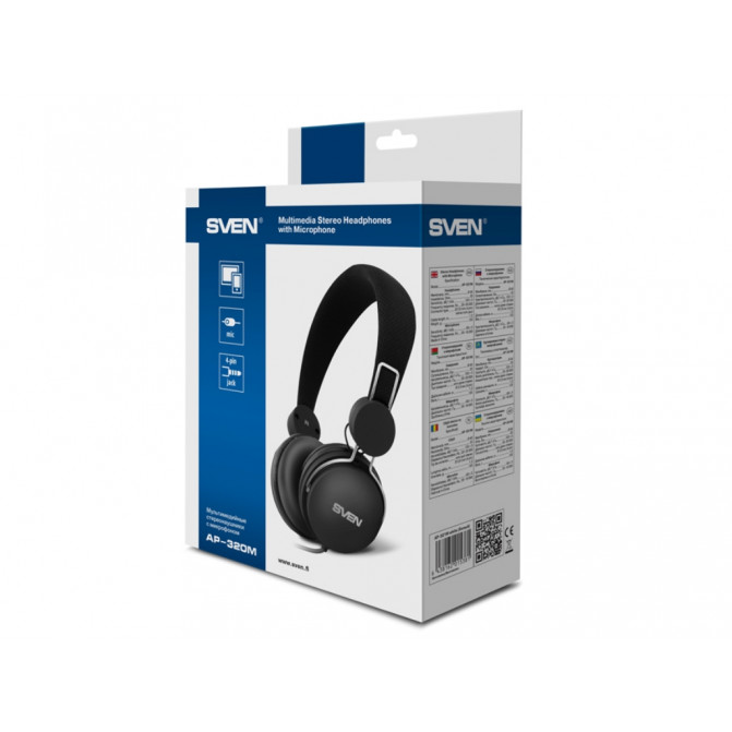 Наушники SVEN AP-320M Black, с микрофоном on the cable, 4pin 3.5mm mini-jack, cable 1.2m
