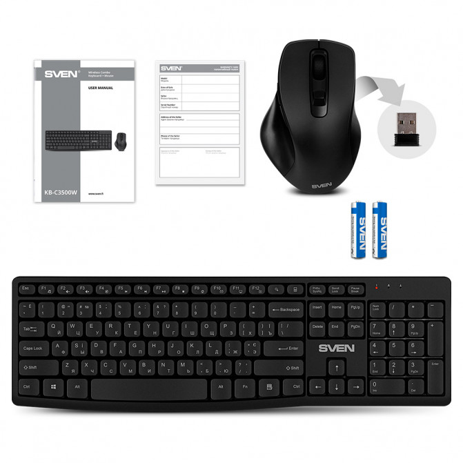 Tastatura + Mouse Wireless SVEN KB-C3500W, 12 Fn keys, Battery indicator, 1xAA/1xAA, 2.4Ghz, Black